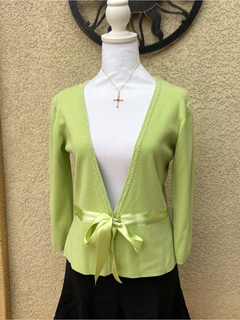 Linda Lucia Light Green Beaded Satin Tie Waist Cardigan Vintage Y2K Coquette